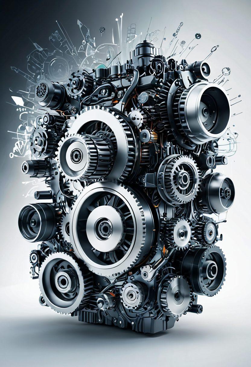 A dynamic composition showcasing a futuristic V12 engine with gears and circuits blending into a digital landscape, illustrating the power of technology in blogging. Include vibrant elements representing online journals like pages turning, digital screens, and icons of blogging tools. Surround the engine with an aura of glowing data streams and a sense of speed, symbolizing revolution and innovation. super-realistic. vibrant colors. white background.